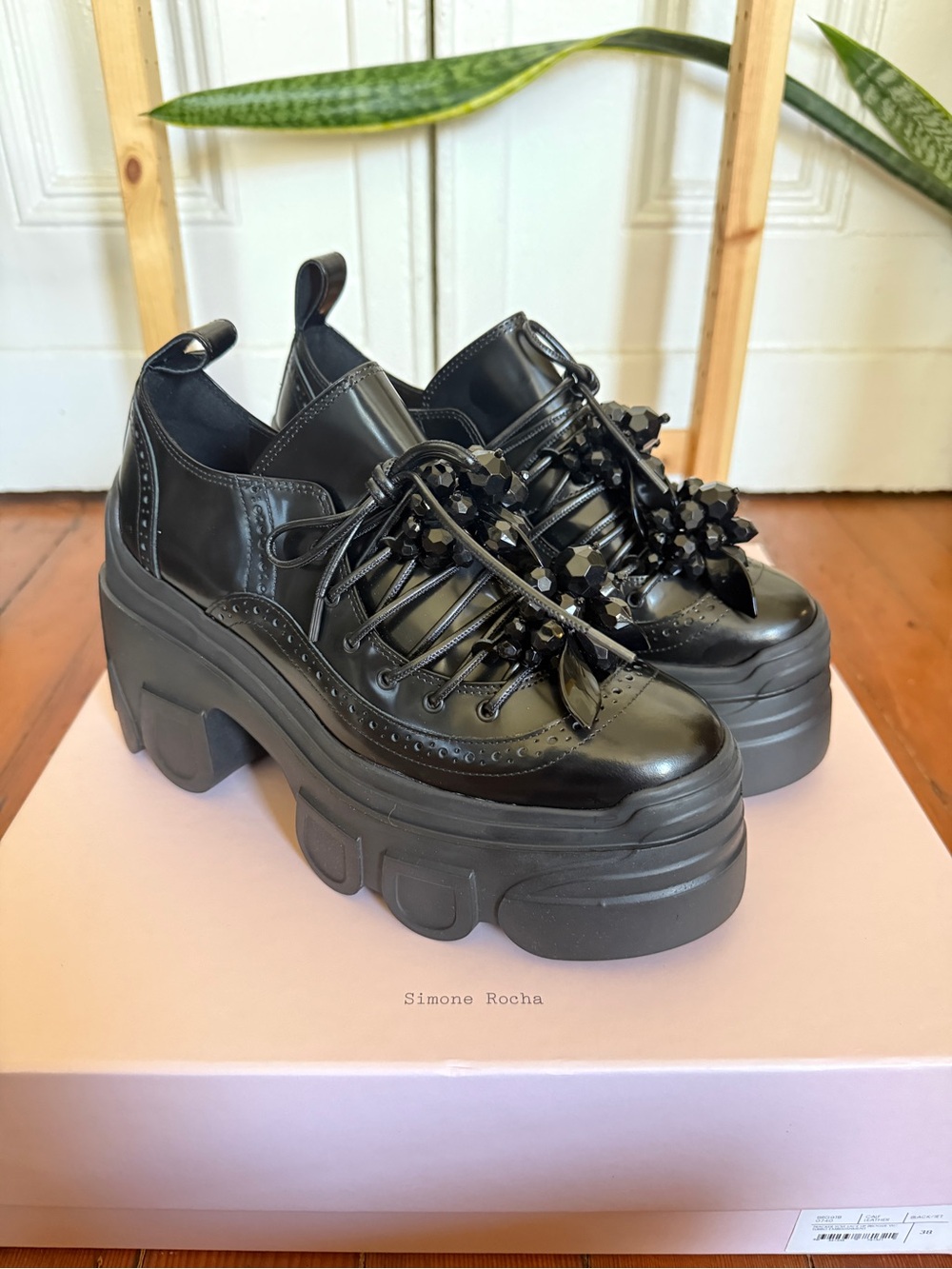 Simone Rocha Black Patent Platform Brogues with Beaded Laces